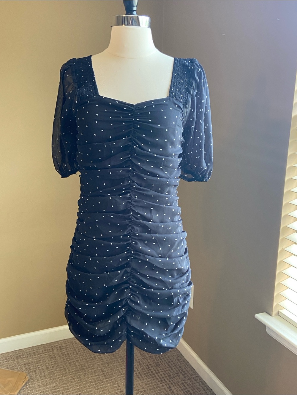 Glam Black Polka Dot Ruched Mini Dress,  Small, NWT Romantic Whimsigoth Coquette